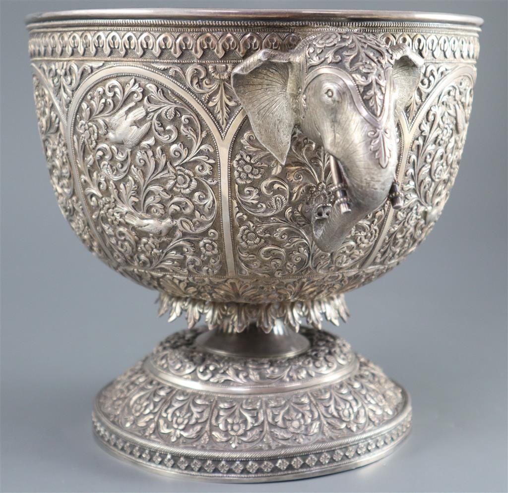 A fine Indian silver pedestal rose or small punch bowl by Oomersee Mawjee, Bhuj, Kutch, c.1900,